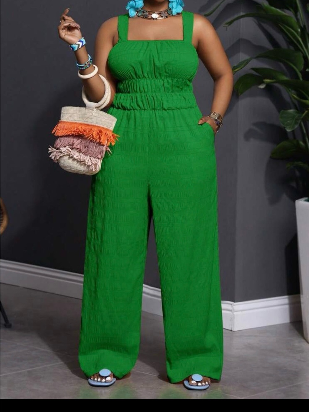 SHEIN Emerald Green Wide-Leg Square Neck Jumpsuit